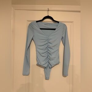 Abercrombie & Fitch Ruched V- Neck Long Sleeve Bodysuit Light Blue
